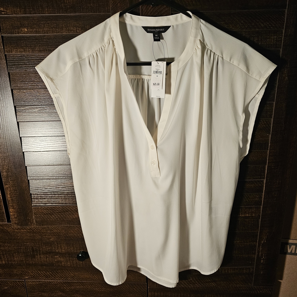 Banana Republic White Cap Sleeve Blouse with Mandarin Collar